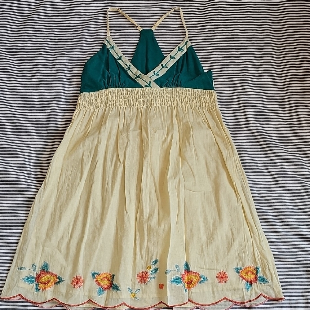 Embroidered Mini Dress in Green and Cream